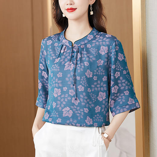 中国风复古提花衬衫休闲半开领宽松T恤上衣K-422H2191 商品图0