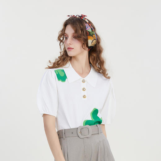 谜底POLO领针织上衣女2023夏季新款宽松大花针织衫短袖232MZ0859 商品图3