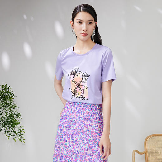 EITIE爱特爱夏季新款时尚百搭打底舒适弹力圆领印花T恤女7002704 商品图2