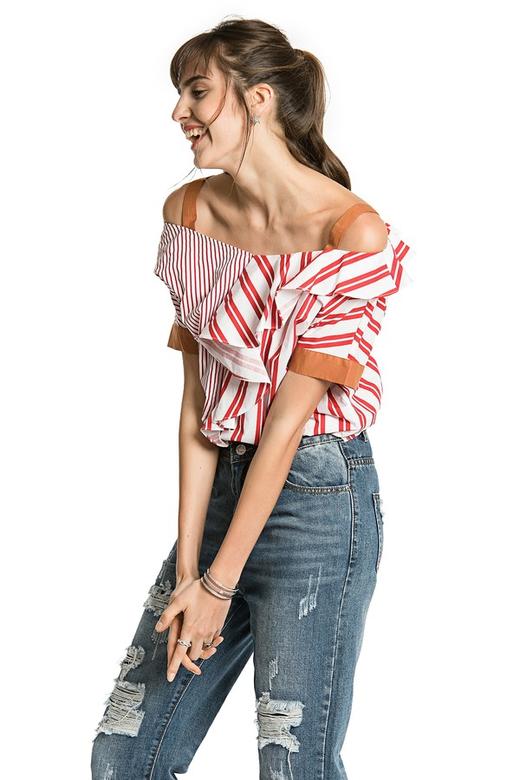 ROSEHOO 拼接条纹荷叶边饰挖肩上衣 2507 商品图5