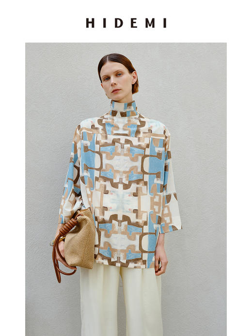 HIDEMI 抽象油画印花缎面古巴领衬衫 商品图2