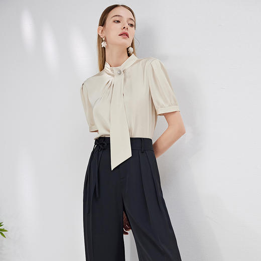 EITIE爱特爱高级感半高领飘带复古直筒上衣显瘦通勤夏新款B13132 商品图2