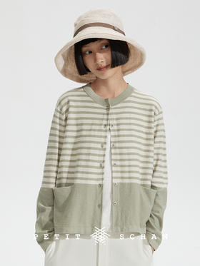 PETIT SCHAN小闪 CLO#255 millefoglie 千层派 棉麻混纺条纹圆领针织开衫/空调衫