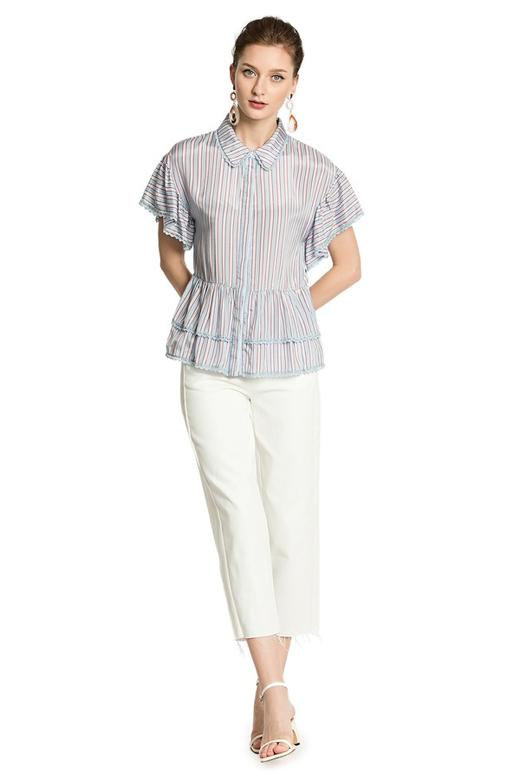 SUMMER & SAGE 蓝色条纹荷叶摆衬衫 2993 商品图4