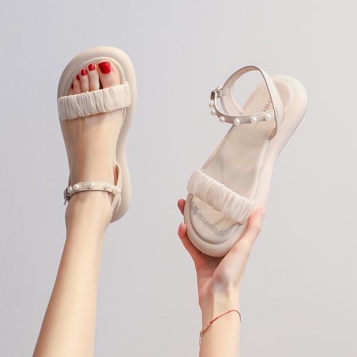 ZHR网纱珍珠凉鞋女2023夏季新款超仙一字带凉鞋甜美温柔气质女鞋 商品图3