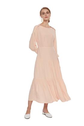 DEHUNTER 珊瑚色褶裥长款连衣裙 7122