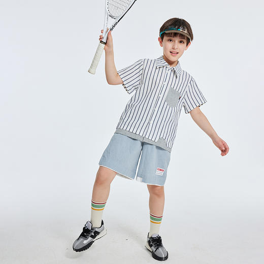 【抄底价清仓】龙之涵简约气质款短袖衬衣 三次高温水洗全棉 免熨烫 随意穿 休闲百搭 尺码100-170 男童条纹拼接短袖衬衣 商品图9