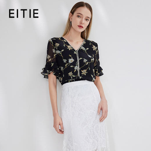 EITIE爱特爱复古法式优雅印花V领直筒短袖雪纺上衣显瘦夏季新款B13126 商品图0