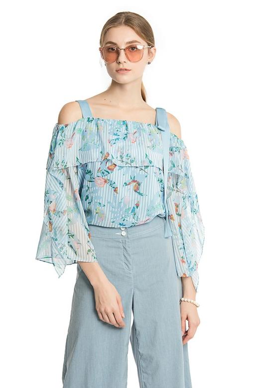 AVA 植物印花条纹露肩雪纺上衣 2348 商品图0