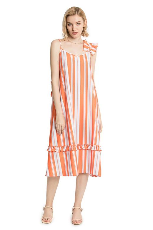 ZERO SIGN 橙白条纹不对称肩带连衣裙 2410 商品图1