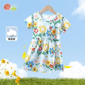贝贝怡夏季新品女童短袖连衣裙花朵纯棉公主裙女宝宝可爱印花裙子