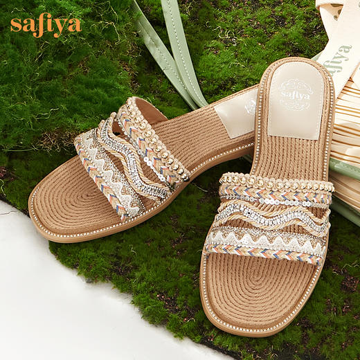 Safiya/索菲娅 2023夏季新品少女风闲适假日民族风珍珠水钻外穿平底凉拖 SF32110057 商品图0