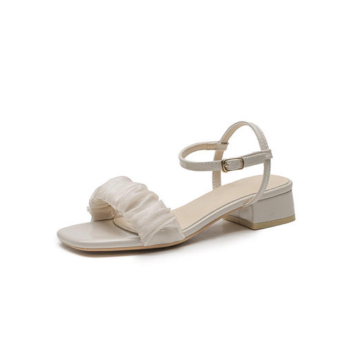 「两款配色！简约设计」凉鞋女2023新款夏季中跟鞋子 褶皱粗跟凉鞋一字带单鞋女 商品图4