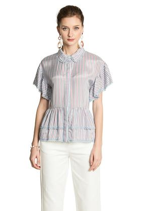 SUMMER & SAGE 蓝色条纹荷叶摆衬衫 2993