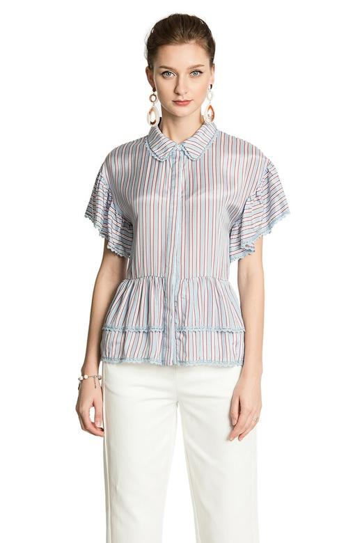 SUMMER & SAGE 蓝色条纹荷叶摆衬衫 2993 商品图0