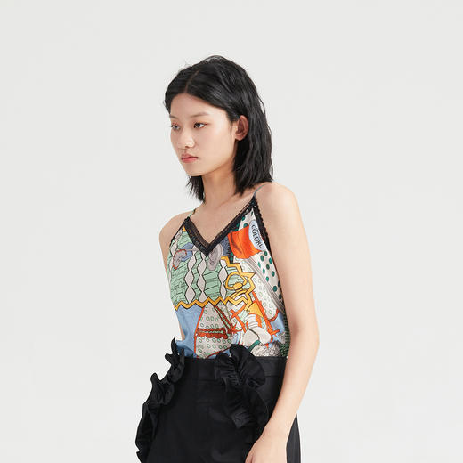 谜底2023夏季新款纯棉印花蕾丝花边V领细吊带内搭上衣女236MN7093 商品图1