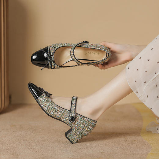 「三款配色！法式小香风」浅口单鞋女2023新款法式小香风玛丽珍粗跟单鞋女法式芭蕾鞋 商品图0