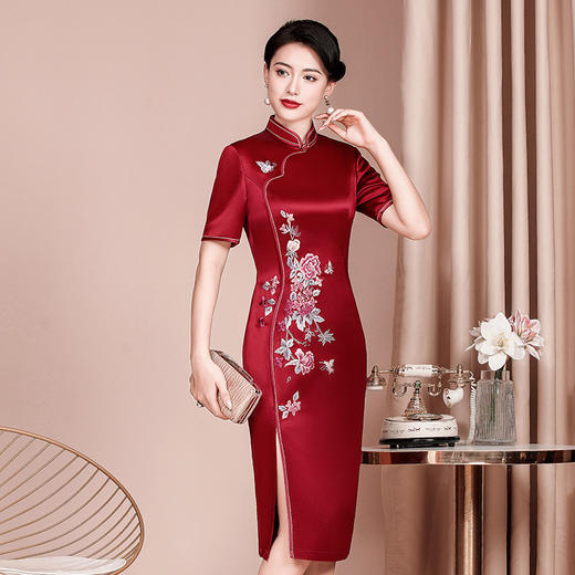 喜婆婆婚宴装显瘦旗袍醋酸缎新款婚礼礼服连衣裙WXG-2021029 商品图2