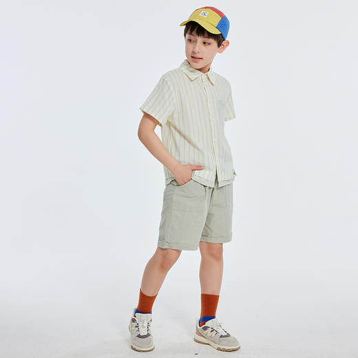 【抄底价清仓】龙之涵简约气质款短袖衬衣 三次高温水洗全棉 免熨烫 随意穿 休闲百搭 尺码100-170 男童条纹拼接短袖衬衣 商品图5