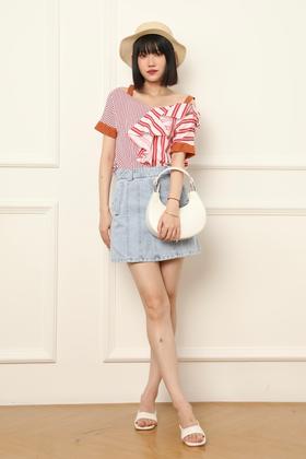 ROSEHOO 拼接条纹荷叶边饰挖肩上衣 2507