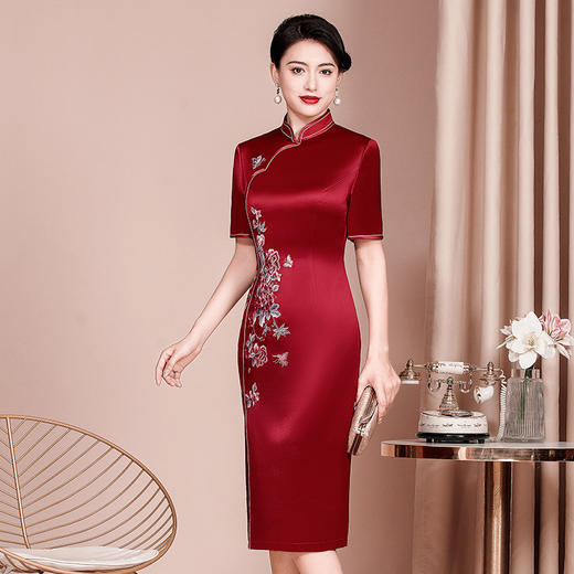 喜婆婆婚宴装显瘦旗袍醋酸缎新款婚礼礼服连衣裙WXG-2021029 商品图1