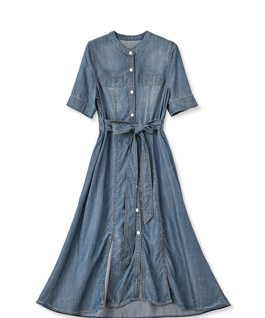 通勤休闲，短袖小圆领衬衫收腰显瘦单排扣开叉牛仔连衣裙WLZD-2306202 商品图4