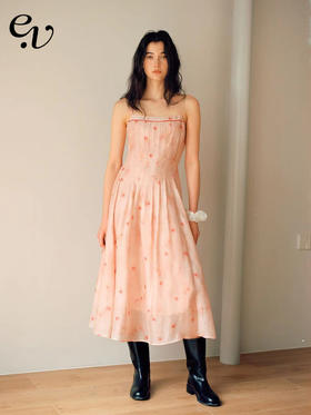 Even Vintage | 浪漫氛围感 法式印花粉红打底方领高腰吊带连衣裙