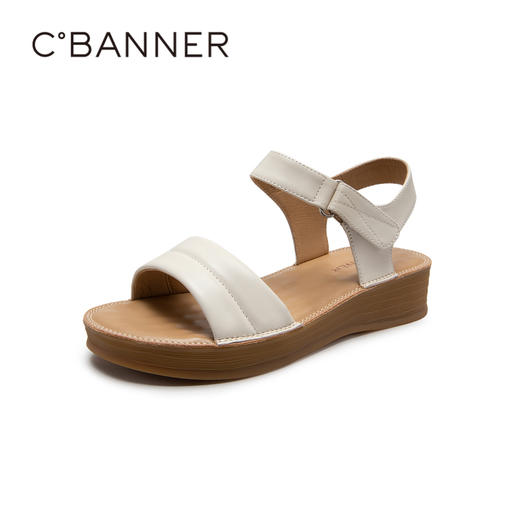 千百度女鞋夏季休闲凉鞋配裙子坡跟一字式凉鞋厚底真皮 A23331905 商品图1