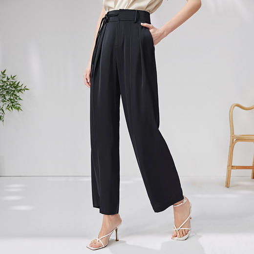 EITIE爱特爱系带高腰直筒阔腿休闲裤黑色通勤大气显瘦夏季新款B05104 商品图1