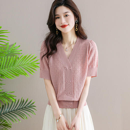 QY天丝双排扣气质薄款针织衫女短袖薄款洋气时尚针织上衣t恤夏2312 商品图1