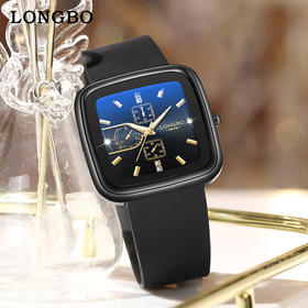 【美妆饰品】LONGBO龙波新款硅胶带手表方形三眼中性女士防水气质石英腕表