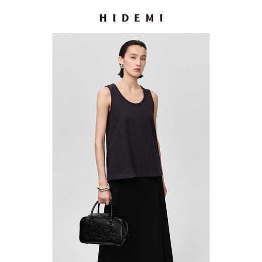 HIDEMI 自然棉系列高密竖条针织U型领背心 米白色/蓝灰色 商品图7