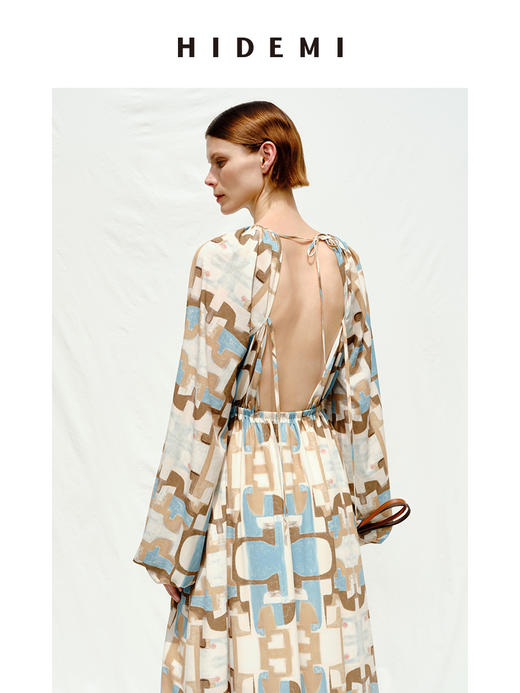 HIDEMI 抽象油画印花缎面露背系带设计感灯笼袖连衣裙 商品图6