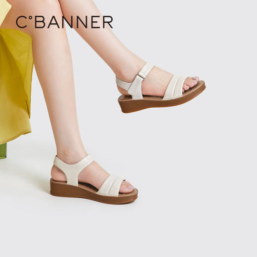 千百度女鞋夏季休闲凉鞋配裙子坡跟一字式凉鞋厚底真皮 A23331905 商品图2