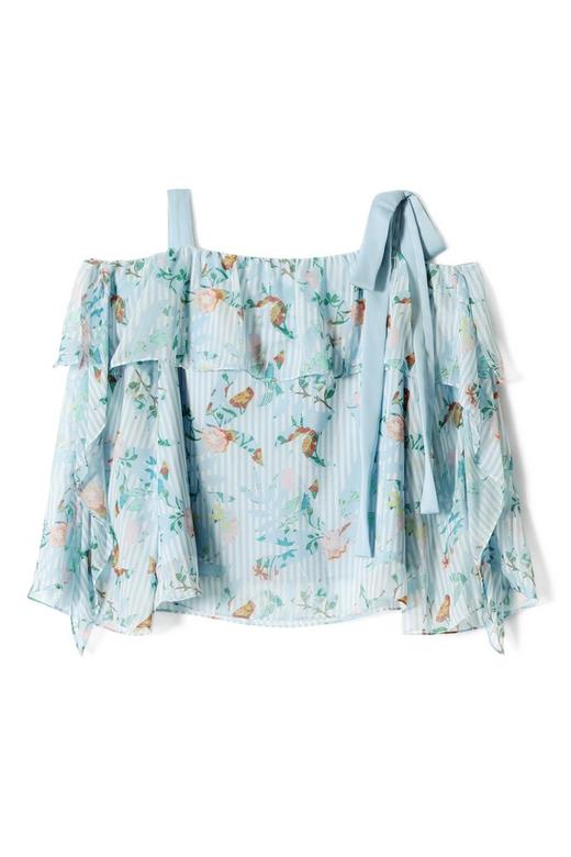 AVA 植物印花条纹露肩雪纺上衣 2348 商品图5