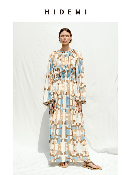 HIDEMI 抽象油画印花缎面露背系带设计感灯笼袖连衣裙 商品图0