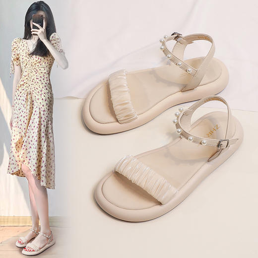 ZHR网纱珍珠凉鞋女2023夏季新款超仙一字带凉鞋甜美温柔气质女鞋 商品图0