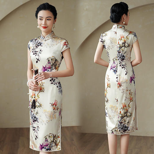 【千寻】改良版桑蚕丝中长款复古洋气优雅日常旗袍连衣裙TY-193 商品图0