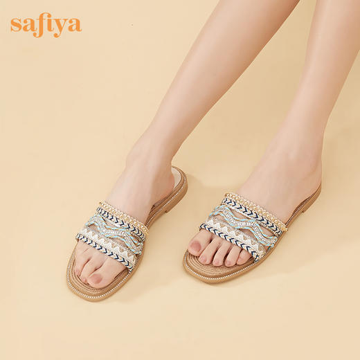 Safiya/索菲娅 2023夏季新品少女风闲适假日民族风珍珠水钻外穿平底凉拖 SF32110057 商品图10