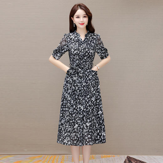 QYM 2B23028-1-L印花简约修身时尚雪纺裙V领休闲连衣裙 商品图0