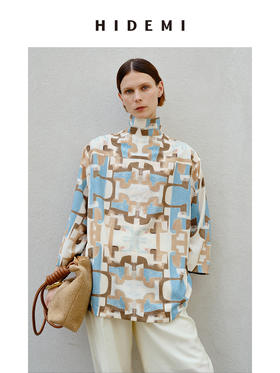 HIDEMI 抽象油画印花缎面古巴领衬衫