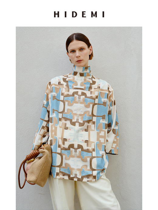 HIDEMI 抽象油画印花缎面古巴领衬衫 商品图0