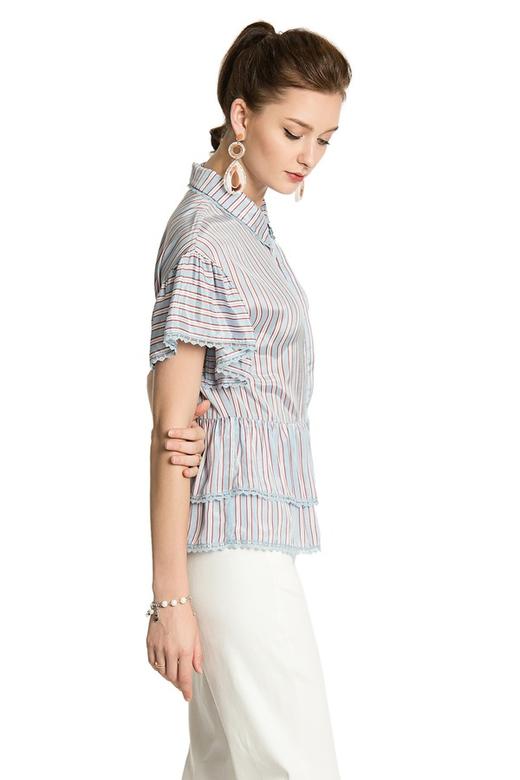 SUMMER & SAGE 蓝色条纹荷叶摆衬衫 2993 商品图1