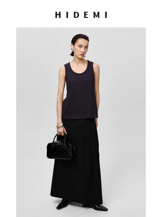 HIDEMI 自然棉系列高密竖条针织U型领背心 米白色/蓝灰色 商品图6