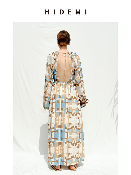 HIDEMI 抽象油画印花缎面露背系带设计感灯笼袖连衣裙 商品图5
