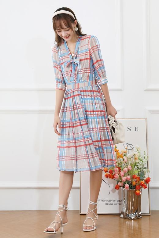 SUMMER & SAGE 系带领结打褶连衣裙 7066 商品图0