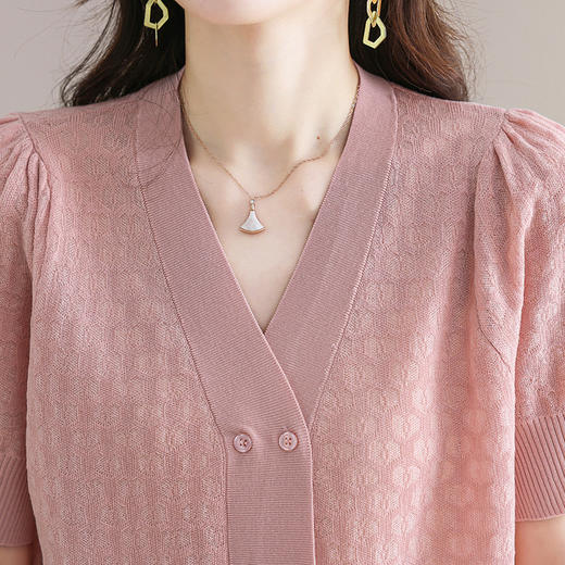 QY天丝双排扣气质薄款针织衫女短袖薄款洋气时尚针织上衣t恤夏2312 商品图2