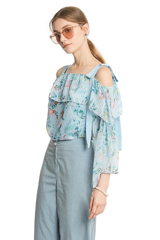 AVA 植物印花条纹露肩雪纺上衣 2348 商品图1