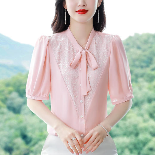 新款V领蝴蝶结飘带亮片衬衣气质百搭上衣KQL-B46N5896 商品图7