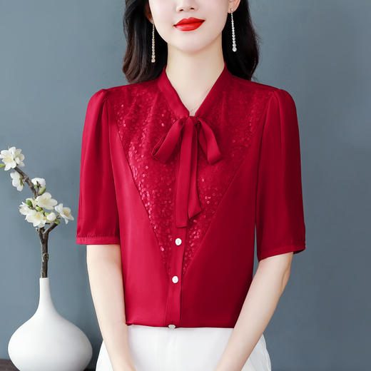 新款V领蝴蝶结飘带亮片衬衣气质百搭上衣KQL-B46N5896 商品图6